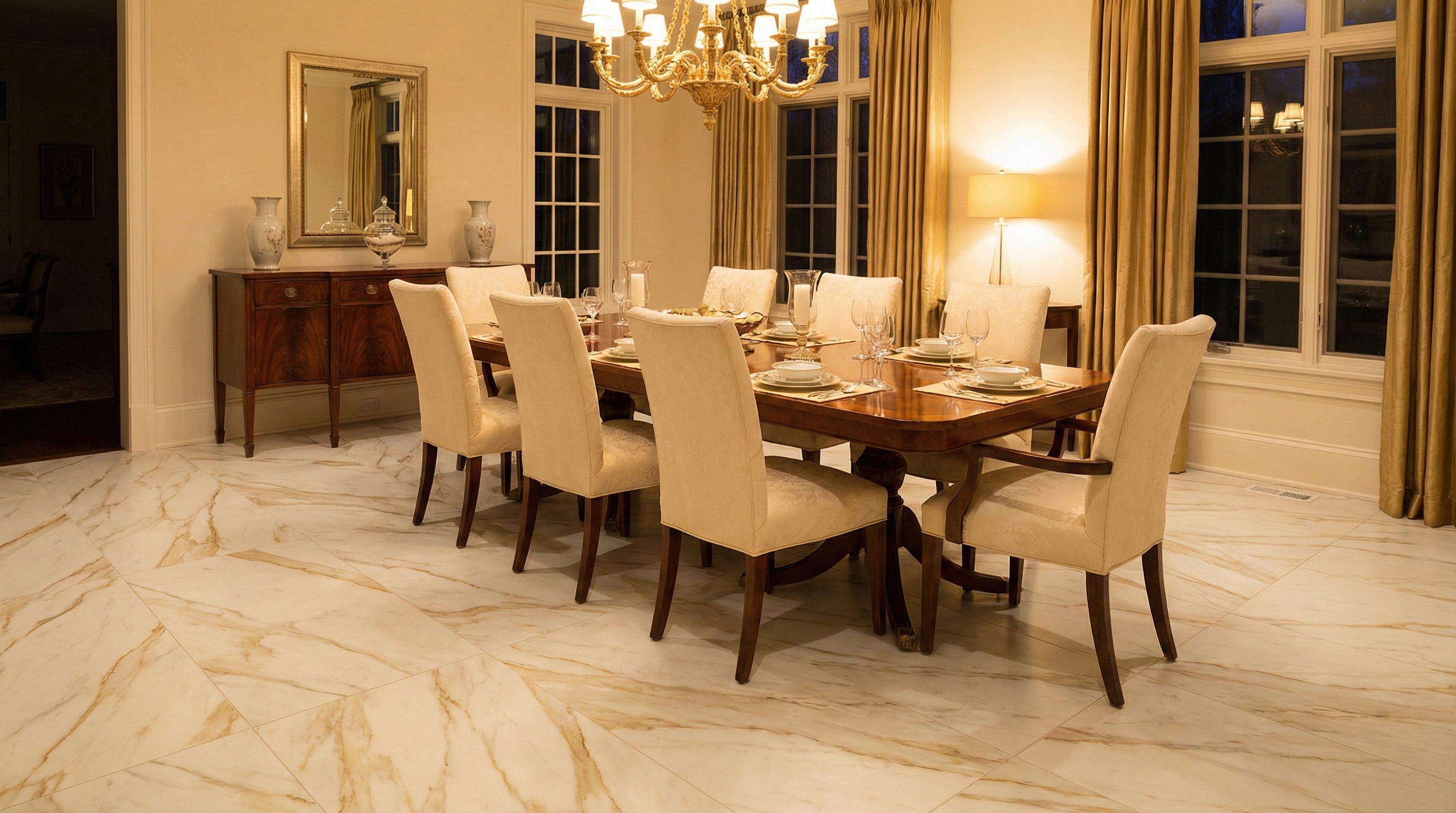 Calacatta Oro Prestige in formal dining room setting