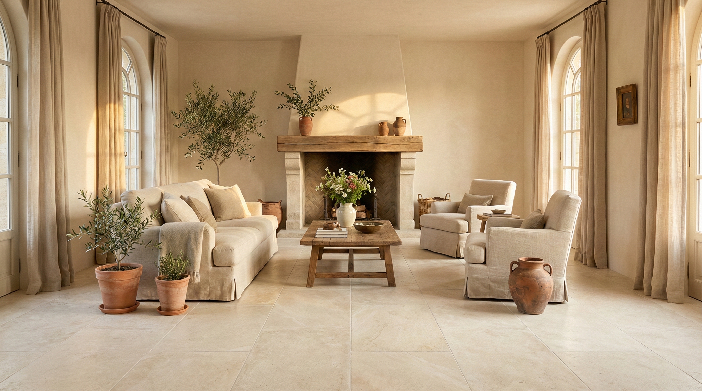 French Limestone Ivory in European living room setting
