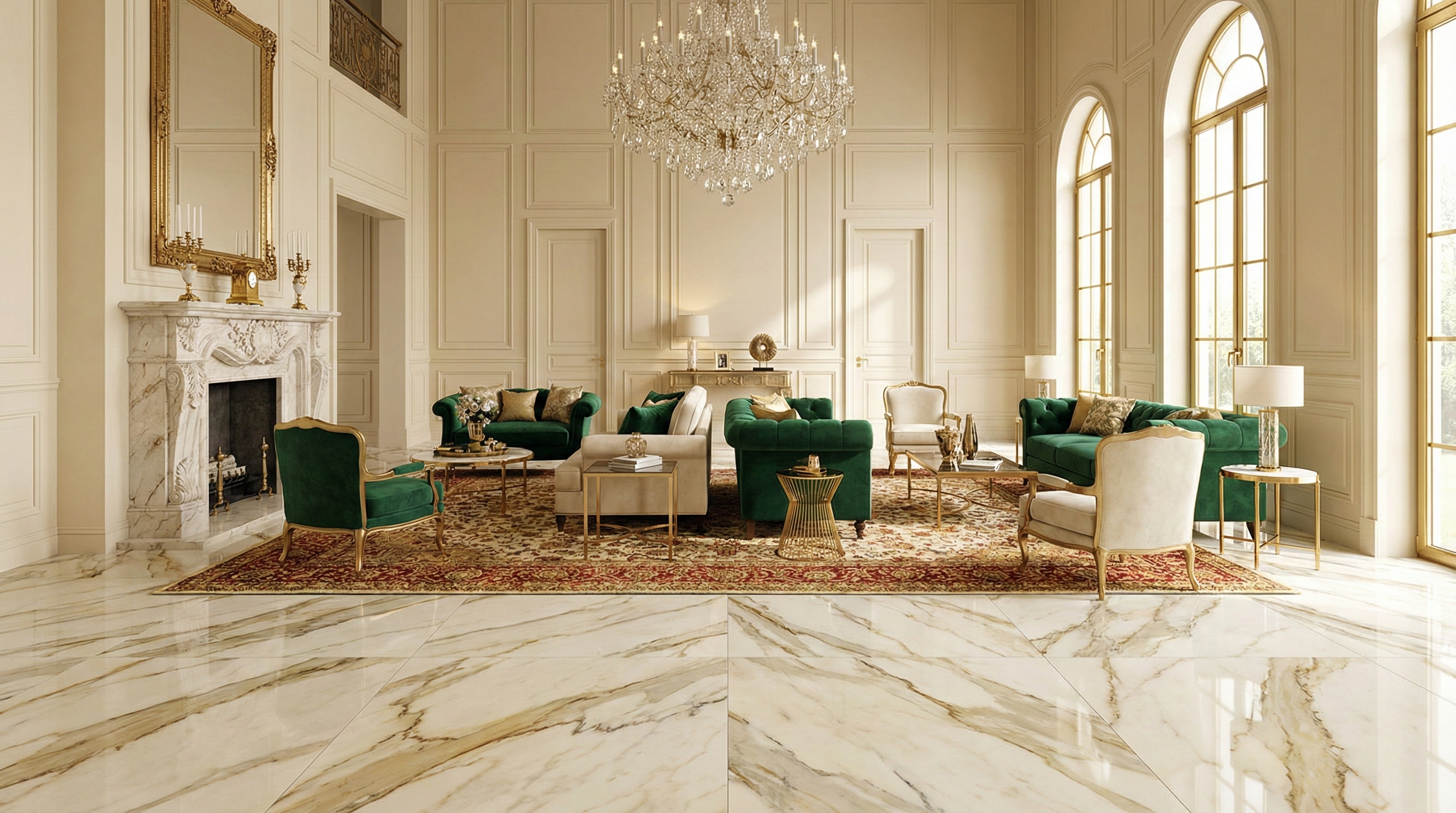 Calacatta Macchia Vecchia in grand living room setting